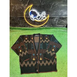 VTG Peter England Mens XL Black/Orange 3 Button Cardigan‎ Sweater Argyle